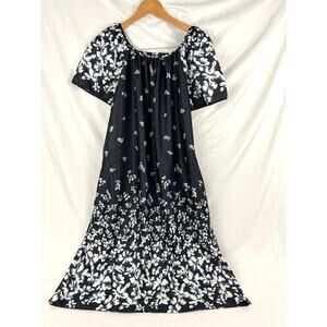 Vintage Women’s Lounger House Dress Short Sleeve SMALL Black White Floral